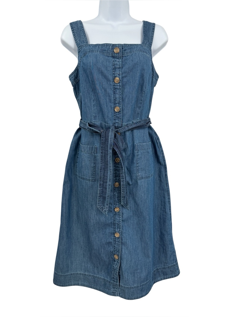 Talbots Striated Denim Chambray Fit&Flare Pockets Square Neck Midi Dress Size 6